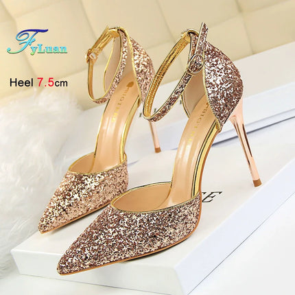 Sandali da Donna con Paillettes 2025, 9.5cm 7.5cm, Fibbia alla Caviglia, Tacco a Spillo per Matrimonio, Nuove Scarpe Classiche con Tacco Alto, Taglie 34-40
