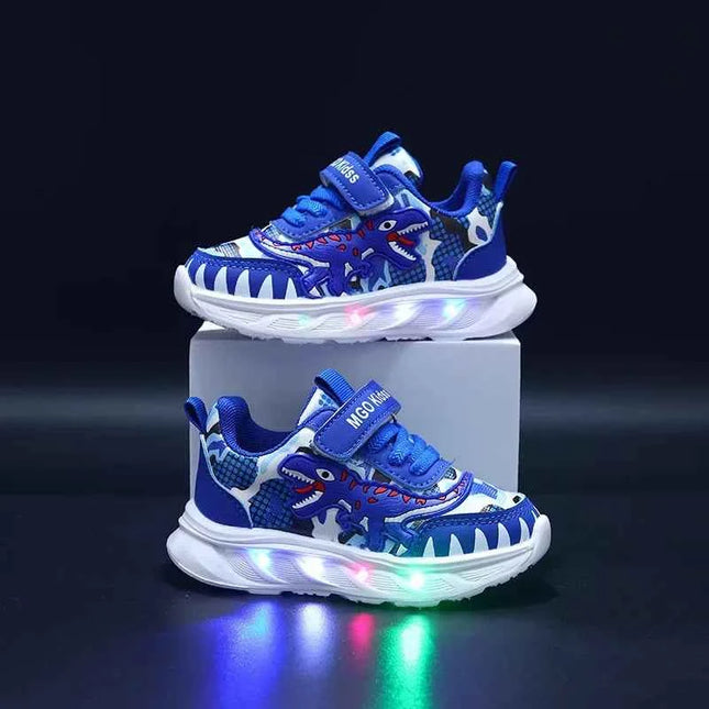 Scarpe sportive per bambini nuove primaverili Dinosauro del fumetto Scarpe leggere a LED per bambini Suola morbida Scarpe da ginnastica causali per ragazzi 2-6 anni