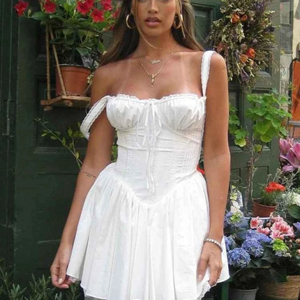 Mini Abito Estivo da Donna Elegante in Pizzo Floreale con Corsetto, Vestito Corto Bianco Giallo Rosso Blu da Spiaggia