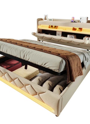 KOMHTOM Double Bed Linen With USB Type C Port 360 Surround LED Function Hydraulic Storage Without Mattress
