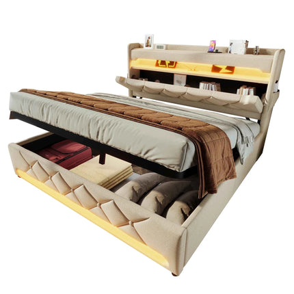 KOMHTOM Double Bed Linen With USB Type C Port 360 Surround LED Function Hydraulic Storage Without Mattress