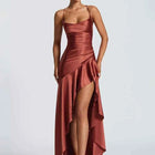 Mozision Satin Spaghetti Strap Ruffle Sexy Maxi Dress Women Off-shoulder Sleeveless Backless Thigh High Split Club Party Dress