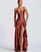 Mozision Satin Spaghetti Strap Ruffle Sexy Maxi Dress Women Off-shoulder Sleeveless Backless Thigh High Split Club Party Dress