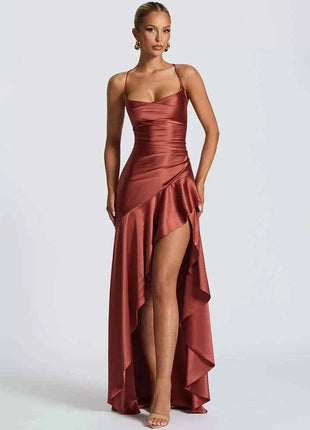 Mozision Satin Spaghetti Strap Ruffle Sexy Maxi Dress Women Off-shoulder Sleeveless Backless Thigh High Split Club Party Dress