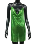 2023 Sexy Clubwear Backless Sequin Short Dress for Women Cocktail Metallic Split Mesh Harness Body Chain Club Low Cut Mini Dress