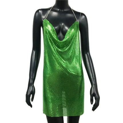 2023 Sexy Clubwear Backless paillettes abito corto per le donne Cocktail Metalic Split Mesh Harness Body Chain Club Low Cut Mini Dress
