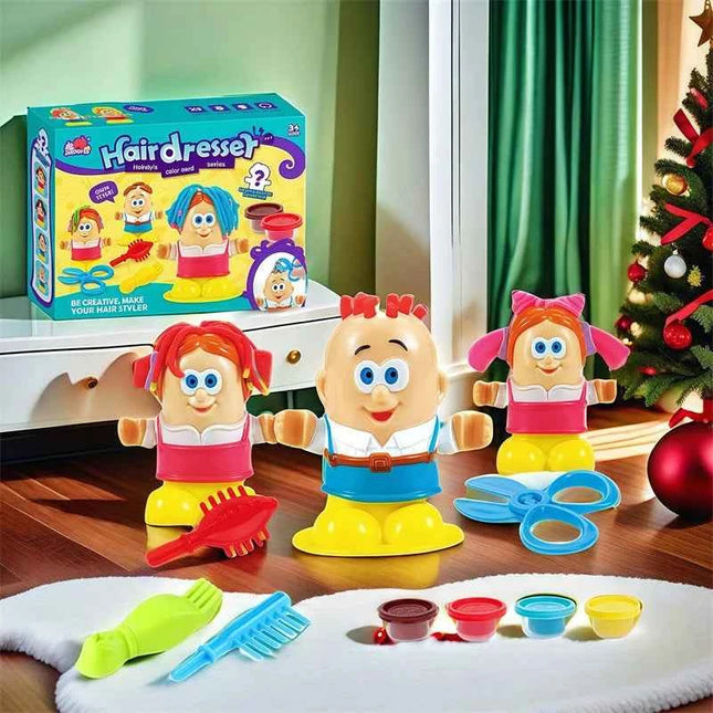 Kit da barbiere fai-da-te Argilla colorata Pasta da gioco Taglio di capelli Playset Cartone animato fatto a mano Abilità motorie fini Negozio di barbiere Giocattoli Regali per bambini