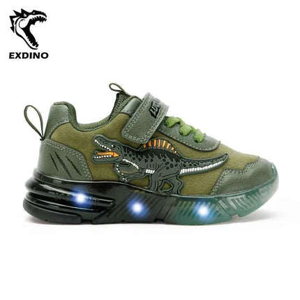 EXDINO Dinosauro Bambini piccoli Primavera Autunno Scarpe luminose a LED Bambini Spinosaurus Ragazzi Glowing Scarpe da ginnastica sportive casual antiscivolo