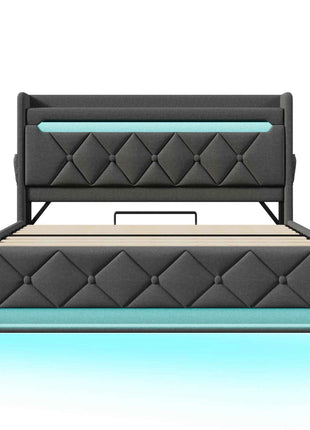 KOMHTOM Double Bed Linen With USB Type C Port 360 Surround LED Function Hydraulic Storage Without Mattress
