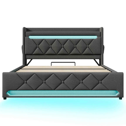 KOMHTOM Double Bed Linen With USB Type C Port 360 Surround LED Function Hydraulic Storage Without Mattress