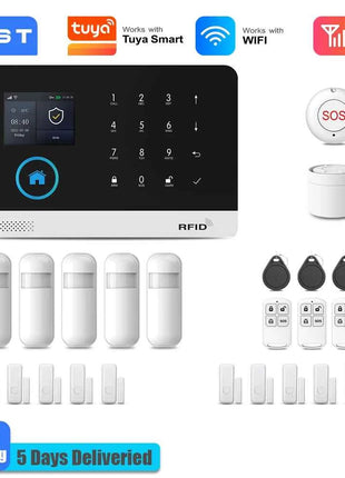 PGST set allarme sicurezza antifurto WiFi 4G Works with Tuya Smart Life impianto senza fili intelligente per abitazione negozio ufficio sensori movimento configurazione facile utilizzo immediato