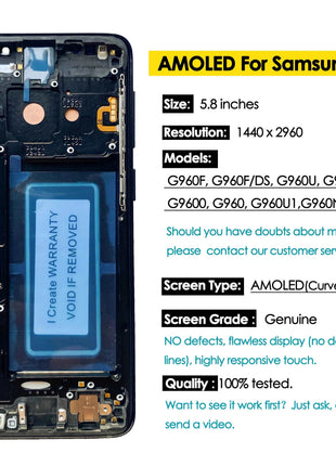 Sostituzione AMOLED OEM per SAMSUNG Galaxy S9 G960N, G960F/DS, G960U Display LCD Touch Schermo curvo Digitizer Assembly Repair