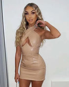 Trendy Streetwear PU Leather Party Dress Women Sexy Hollow Out Package Hip Slim Halter Neck Mini Dresses Hot Girls Outfits New