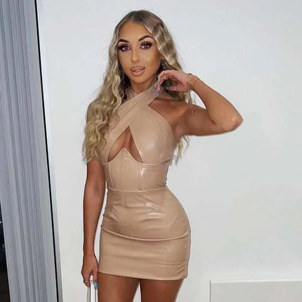 Trendy Streetwear PU Leather Party Dress Donna Sexy Scava Fuori Pacchetto Hip Slim Halter Neck Mini Abiti Hot Girls Abiti Nuovo