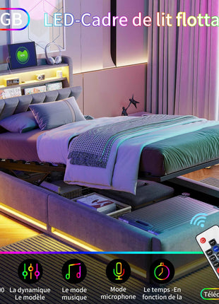 Upholstered Double Bed,Hydraulic Bed with Bed Box,Headboard with LED and USB Charging Station,Functional Bed Velvet