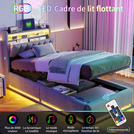 Upholstered Double Bed,Hydraulic Bed with Bed Box,Headboard with LED and USB Charging Station,Functional Bed Velvet
