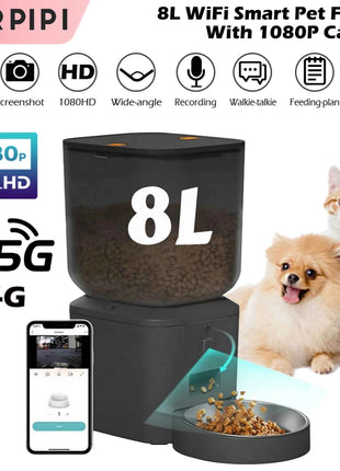 8L Automatic Cat Feeder With 1080p Camera Video 5G WiFi Cat Food Dispenser Pet Smart Voice Recorder Tuya APP Pet Auto Feeder