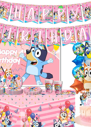 Decorazioni per feste di compleanno a tema Bluey/Bingo, set di piatti di carta usa e getta, striscione, bandierine per torta, palloncini a forma di cane.