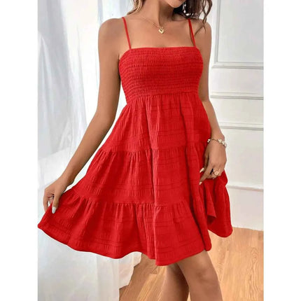 Abito Mini Estivo da Donna con Spalline Sottili, Bustier Arricciato, Blu con Balze a Strati, Casual per Vacanze e Spiaggia