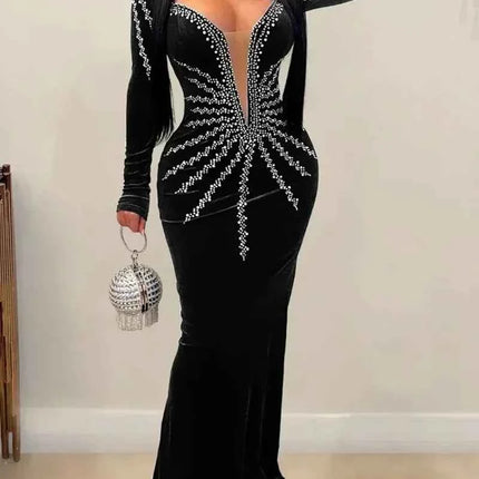 2025 Elegante abito da festa lungo in velluto con diamanti per donna Abito da sera sexy con scollo a V profondo Abito formale nero sottile