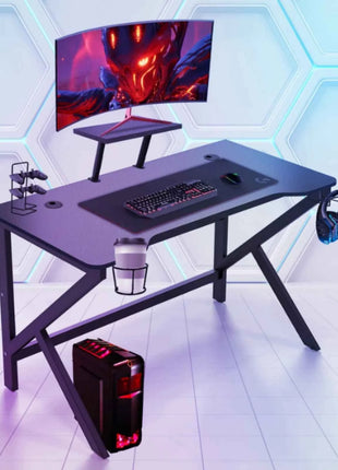 100 x 55 cm Gaming Desk, Ergonomic Gaming Desk with Cup Holder and Headphone Hook, Computer Desk, Black Gaming Table