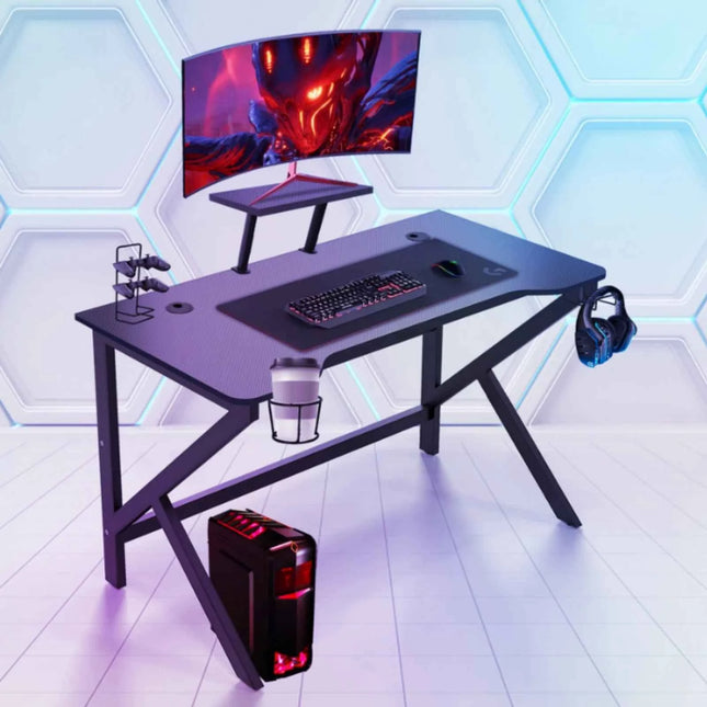 100 x 55 cm Gaming Desk, Ergonomic Gaming Desk with Cup Holder and Headphone Hook, Computer Desk, Black Gaming Table
