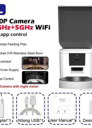 5G Automatic Cat Feeder With 1080p Camera Video WiFi Cat Food Dispenser Pet Smart Voice Recorder Remote Control Pet Auto Feeder