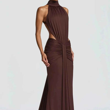 Abito lungo verde oliva con collo alto e scollo all'americana, elegante abito da sera formale con cut-out e schiena scoperta, abito da ballo