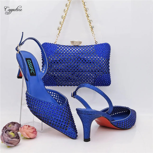 Set di scarpe e borsa verdi da donna, sandali africani di lusso con punta a punta e borsetta, scarpe con tacco da donna, pochette, escarpins femme QSL071