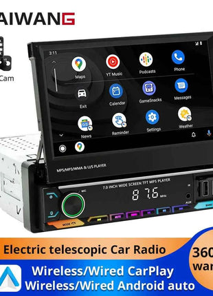 Car Radio Automatic Retractable Screen 7Inch 1Din Wireless CarPlay Android auto Car MP5 Video Player Bluetooth FM RDS USB AUX