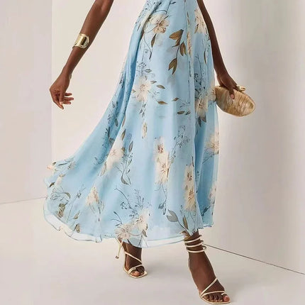 Abito Lungo in Chiffon con Stampa Floreale Francese, Vestito Boho Sexy Monospalla a Vita Alta per Donna, Abito Estivo Senza Maniche per Vacanze