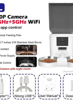 5G Automatic Cat Feeder With 1080p Camera Video WiFi Cat Food Dispenser Pet Smart Voice Recorder Remote Control Pet Auto Feeder