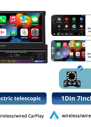 Car Radio Automatic Retractable Screen 7Inch 1Din Wireless CarPlay Android auto Car MP5 Video Player Bluetooth FM RDS USB AUX