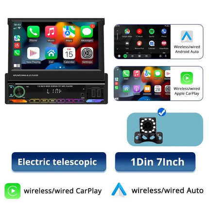 Car Radio Automatic Retractable Screen 7Inch 1Din Wireless CarPlay Android auto Car MP5 Video Player Bluetooth FM RDS USB AUX