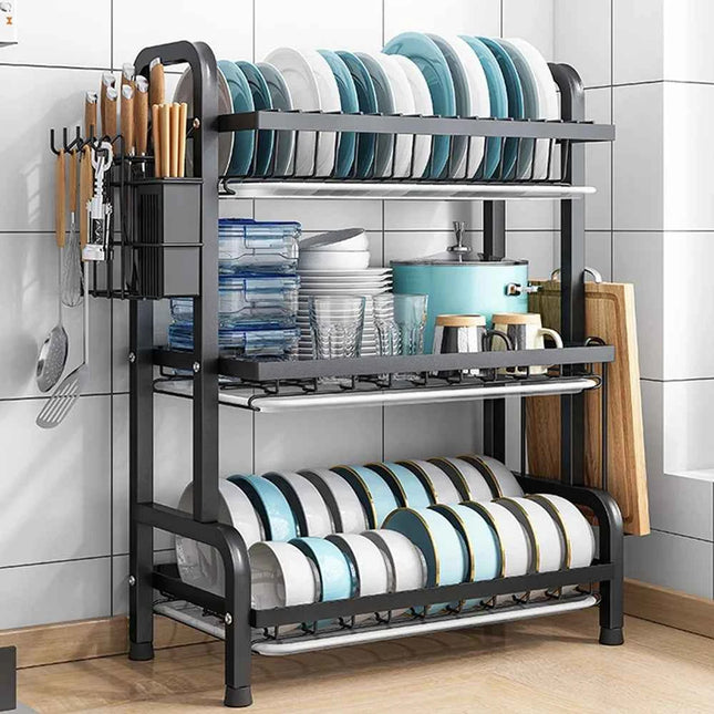3-Tier Dish Drying Rack Dish Organizer Compact Kitchen Dish Rack Drainboard Set Dish Drainer with Utensil Holder