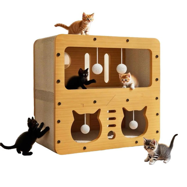 Large Cat House with Scratching Board Indoor Cat Shelter for Resting and Playing Easy Assembly Suitable for Multi-cat Families