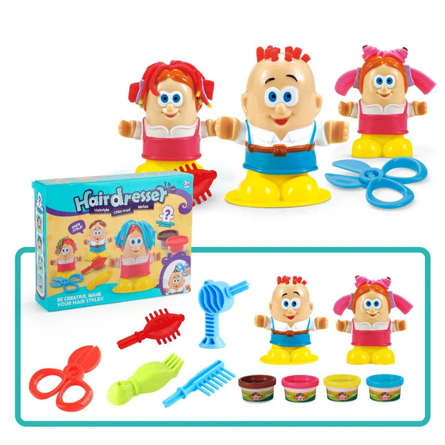 Kit da barbiere fai-da-te Argilla colorata Pasta da gioco Taglio di capelli Playset Cartone animato fatto a mano Abilità motorie fini Negozio di barbiere Giocattoli Regali per bambini
