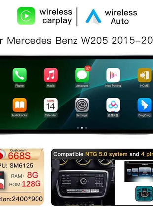 12.8'' 2400*900 High Resolution Android 14 Snapdragon 665 8GB Wireless Carplay Car Screen For Mercedes Benz C Class W205 GLC Class X253 W446 2015-2018 Multimedia Radio Stereo