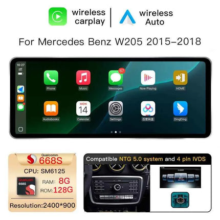 12.8'' 2400*900 High Resolution Android 14 Snapdragon 665 8GB Wireless Carplay Car Screen For Mercedes Benz C Class W205 GLC Class X253 W446 2015-2018 Multimedia Radio Stereo