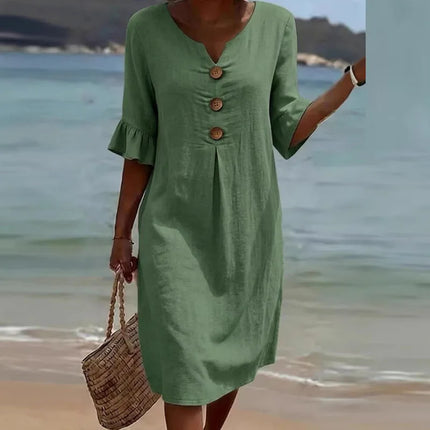 Abito Midi Vintage in Cotone e Lino da Donna, Collezione Primavera 2026, Casual con Scollo a V e Bottoni, Elegante con Maniche a Volant, Vestito da Festa a Trapezio