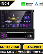 Podofo 6+128G Retractable Screen 1 Din Android Car Multimedia Player Carplay  GPS Navigation WIFI Bluetooth FM AM Mirror Link