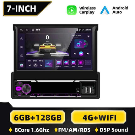 Podofo 6+128G Retractable Screen 1 Din Android Car Multimedia Player Carplay  GPS Navigation WIFI Bluetooth FM AM Mirror Link