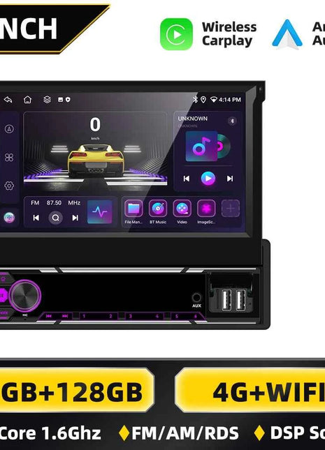 Podofo 6+128G Retractable Screen 1 Din Android Car Multimedia Player Carplay  GPS Navigation WIFI Bluetooth FM AM Mirror Link