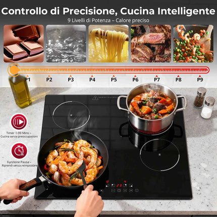 Piano Cottura a Induzione Da Incasso 4 Zone 6000W 60cm - Touch, 9 Livelli, Timer, Blocco Bambini