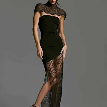 Mozision Mini abito sexy senza schienale in pizzo Abito da donna Elegante vedere attraverso dolcevita senza maniche aderente Abiti da festa da club femminile