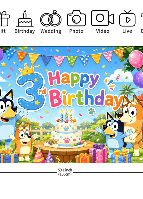 Sfondo in Tessuto per Festa di Compleanno Bluey 3 Anni, Decorazione per Bambini con Torta, Palloncini, Bandierine, Regali, Parete Fotografica Colorata