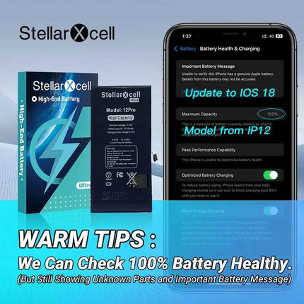 StellarXcell Ultra High Capacity Battery For iPhone7 8Plus 11 12Mini 13ProMax X XS XR 14plus 15Pro  show 100%healthy