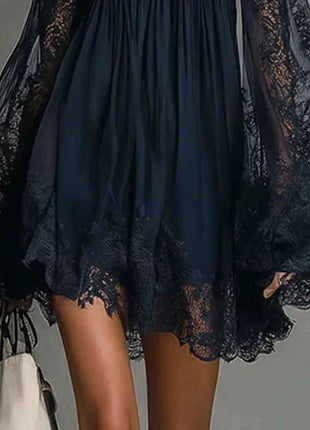 Abito Corto Sexy da Donna con Pizzo e Spalle Scoperte, Maniche Lunghe a Sbuffo, Stile Bohemien, per Primavera/Estate, Ideale per Feste in Spiaggia