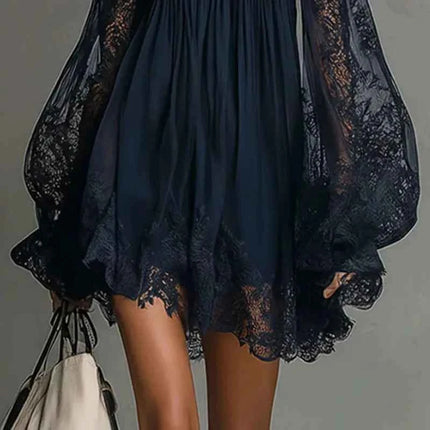 Abito Corto Sexy da Donna con Pizzo e Spalle Scoperte, Maniche Lunghe a Sbuffo, Stile Bohemien, per Primavera/Estate, Ideale per Feste in Spiaggia
