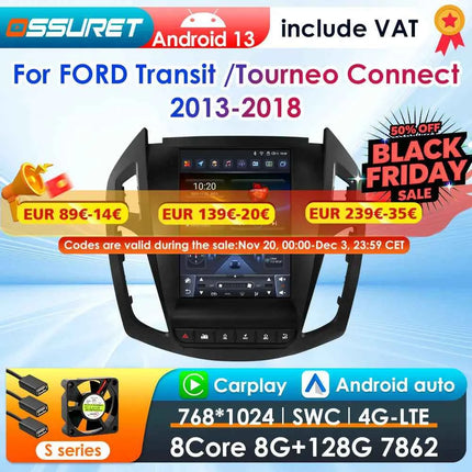360Camera 9.7inch 2 DIN Android 13 Car Radio for FORD Transit /Tourneo Connect 2013-2018 Car Multimedia Stereo Carplay Autoradio
